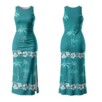 Cyan Hawaii Palm Tree Hibiscus Couples Matching Tank Maxi Dress and Long Sleeve Button Shirt Fantasy Summer Vibe