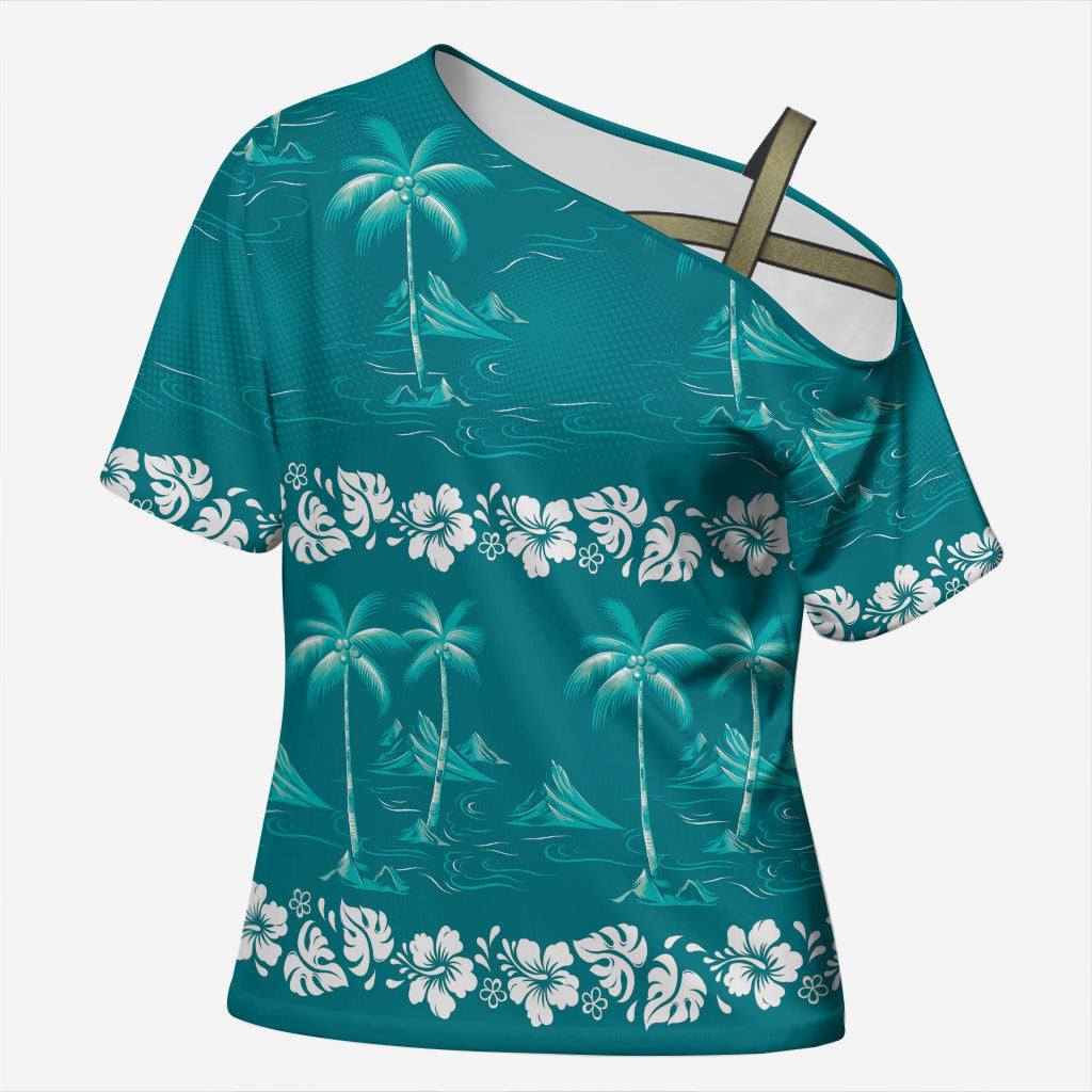 Cyan Hawaii Palm Tree Hibiscus Cross Shoulder Shirt Fantasy Summer Vibe