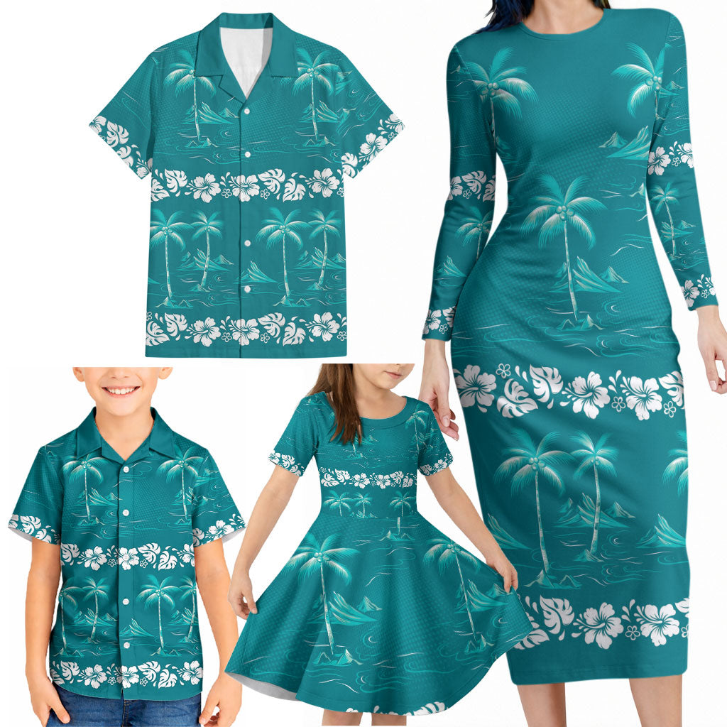 Cyan Hawaii Palm Tree Hibiscus Family Matching Long Sleeve Bodycon Dress and Hawaiian Shirt Fantasy Summer Vibe LT01 - Polynesian Pride