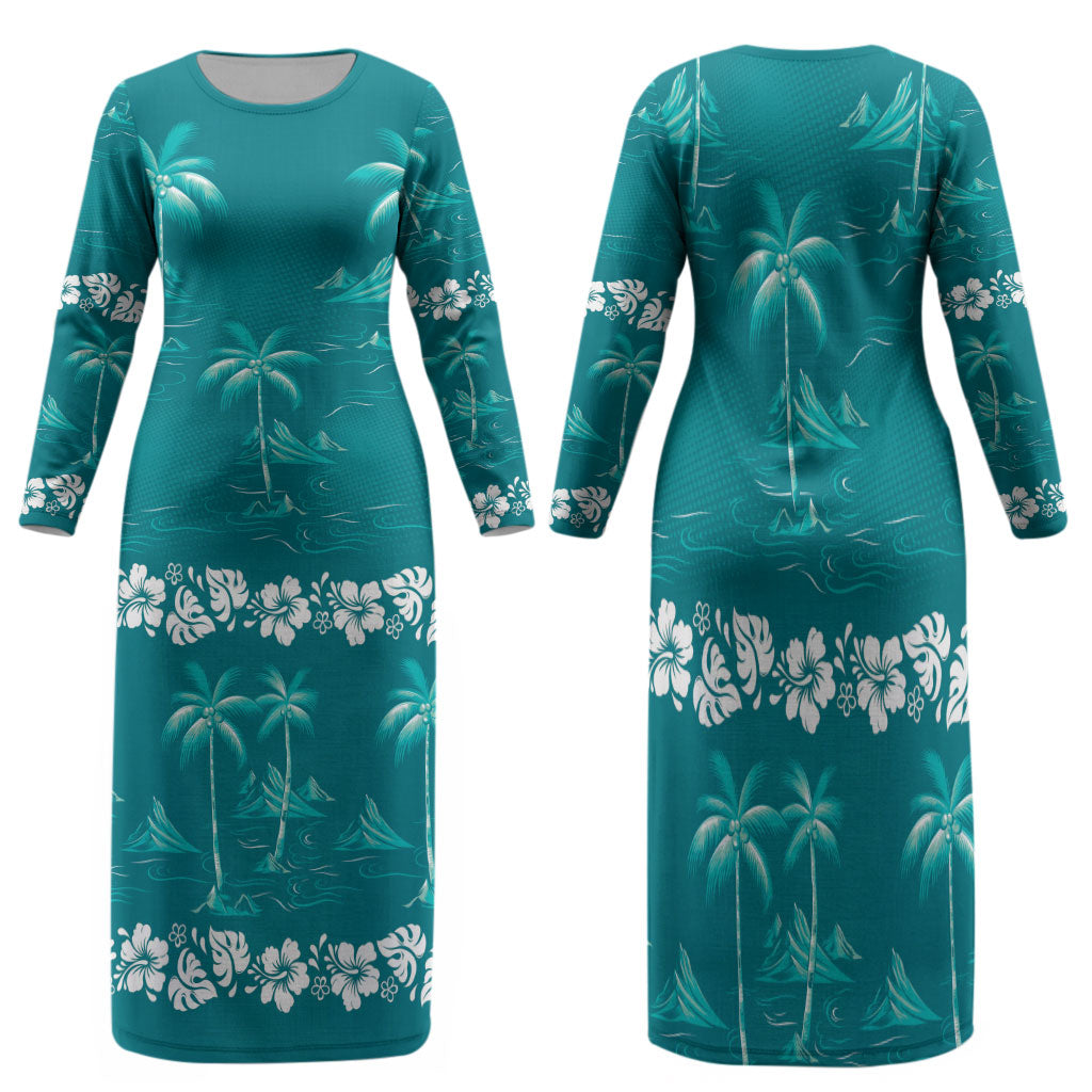Cyan Hawaii Palm Tree Hibiscus Family Matching Long Sleeve Bodycon Dress and Hawaiian Shirt Fantasy Summer Vibe LT01 Mom's Dress Cyan - Polynesian Pride