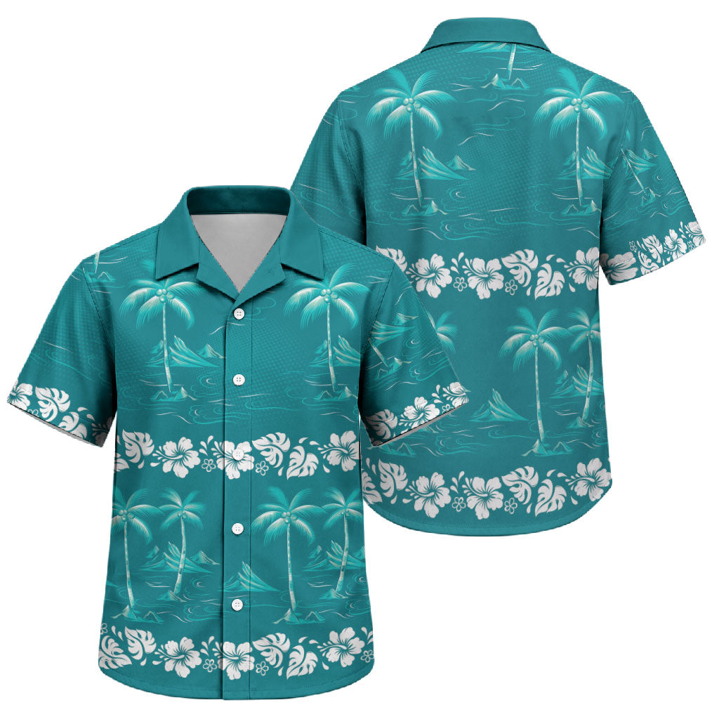 Cyan Hawaii Palm Tree Hibiscus Family Matching Long Sleeve Bodycon Dress and Hawaiian Shirt Fantasy Summer Vibe LT01 Son's Shirt Cyan - Polynesian Pride