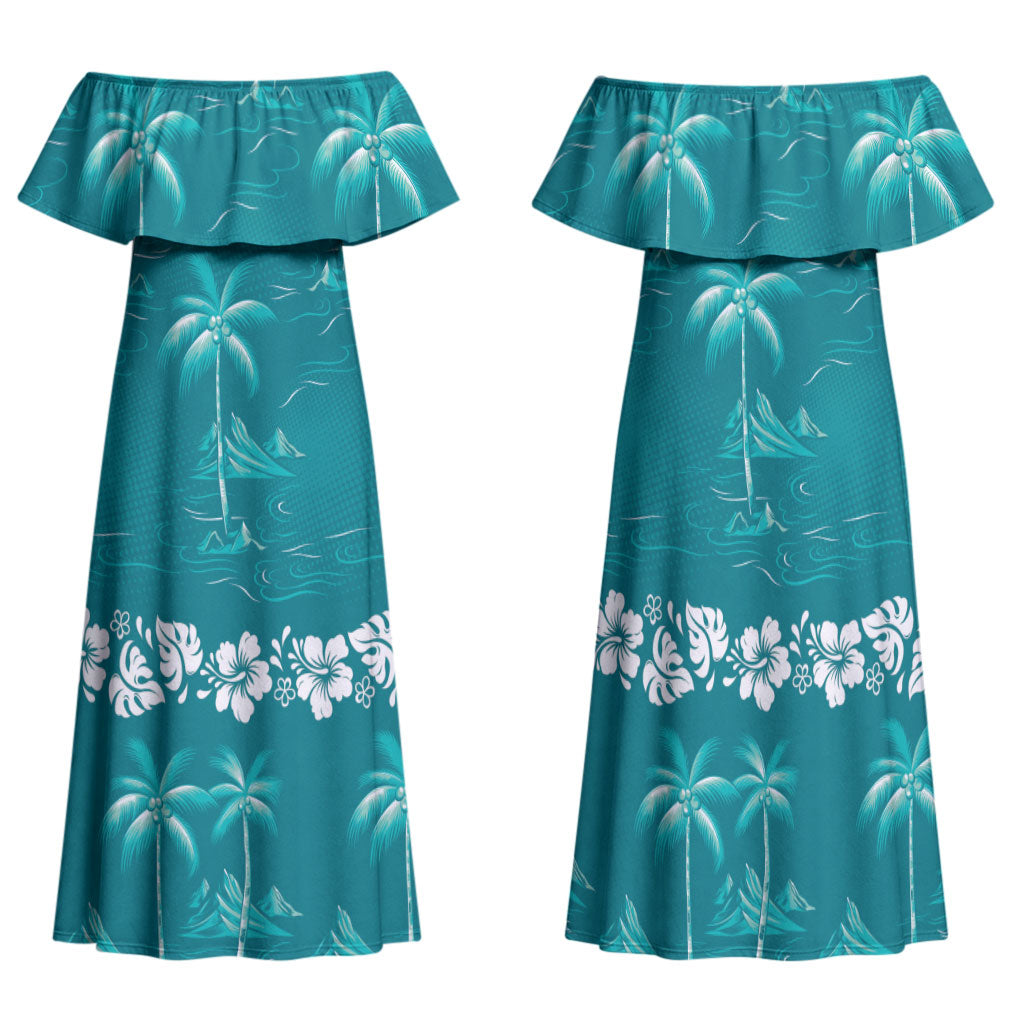 Cyan Hawaii Palm Tree Hibiscus Family Matching Off Shoulder Maxi Dress and Hawaiian Shirt Fantasy Summer Vibe LT01 Mom's Dress Cyan - Polynesian Pride