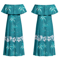 Cyan Hawaii Palm Tree Hibiscus Family Matching Off Shoulder Maxi Dress and Hawaiian Shirt Fantasy Summer Vibe LT01 Mom's Dress Cyan - Polynesian Pride