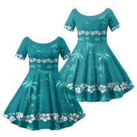 Cyan Hawaii Palm Tree Hibiscus Family Matching Off Shoulder Maxi Dress and Hawaiian Shirt Fantasy Summer Vibe LT01 Daughter's Dress Cyan - Polynesian Pride