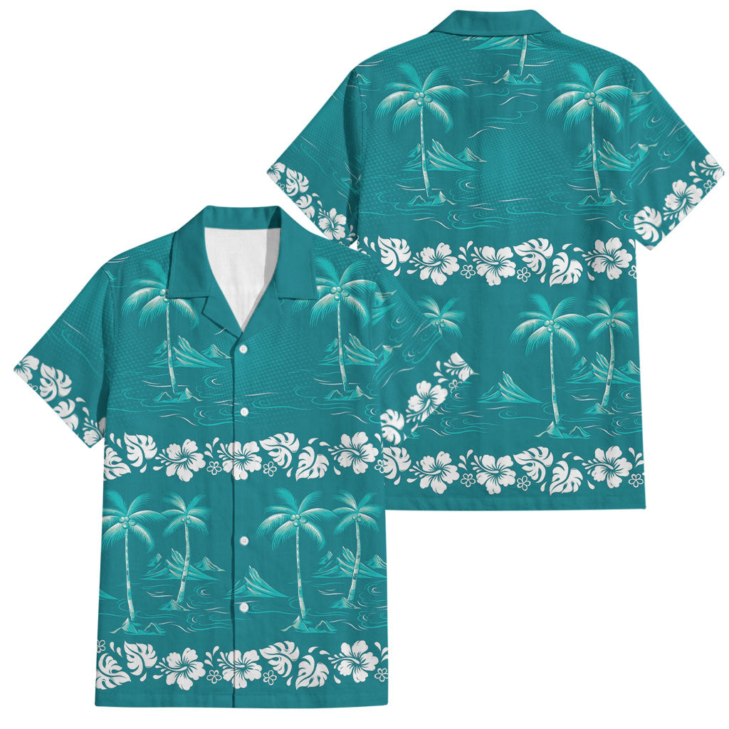 Cyan Hawaii Palm Tree Hibiscus Family Matching Puletasi and Hawaiian Shirt Fantasy Summer Vibe