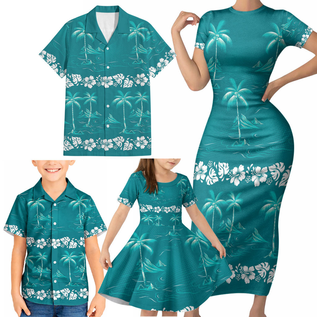 Cyan Hawaii Palm Tree Hibiscus Family Matching Short Sleeve Bodycon Dress and Hawaiian Shirt Fantasy Summer Vibe LT01 - Polynesian Pride