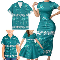 Cyan Hawaii Palm Tree Hibiscus Family Matching Short Sleeve Bodycon Dress and Hawaiian Shirt Fantasy Summer Vibe LT01 - Polynesian Pride