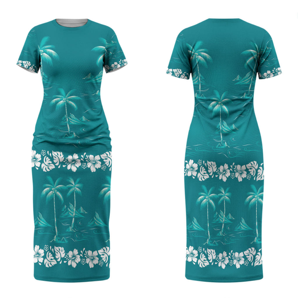 Cyan Hawaii Palm Tree Hibiscus Family Matching Short Sleeve Bodycon Dress and Hawaiian Shirt Fantasy Summer Vibe LT01 Mom's Dress Cyan - Polynesian Pride