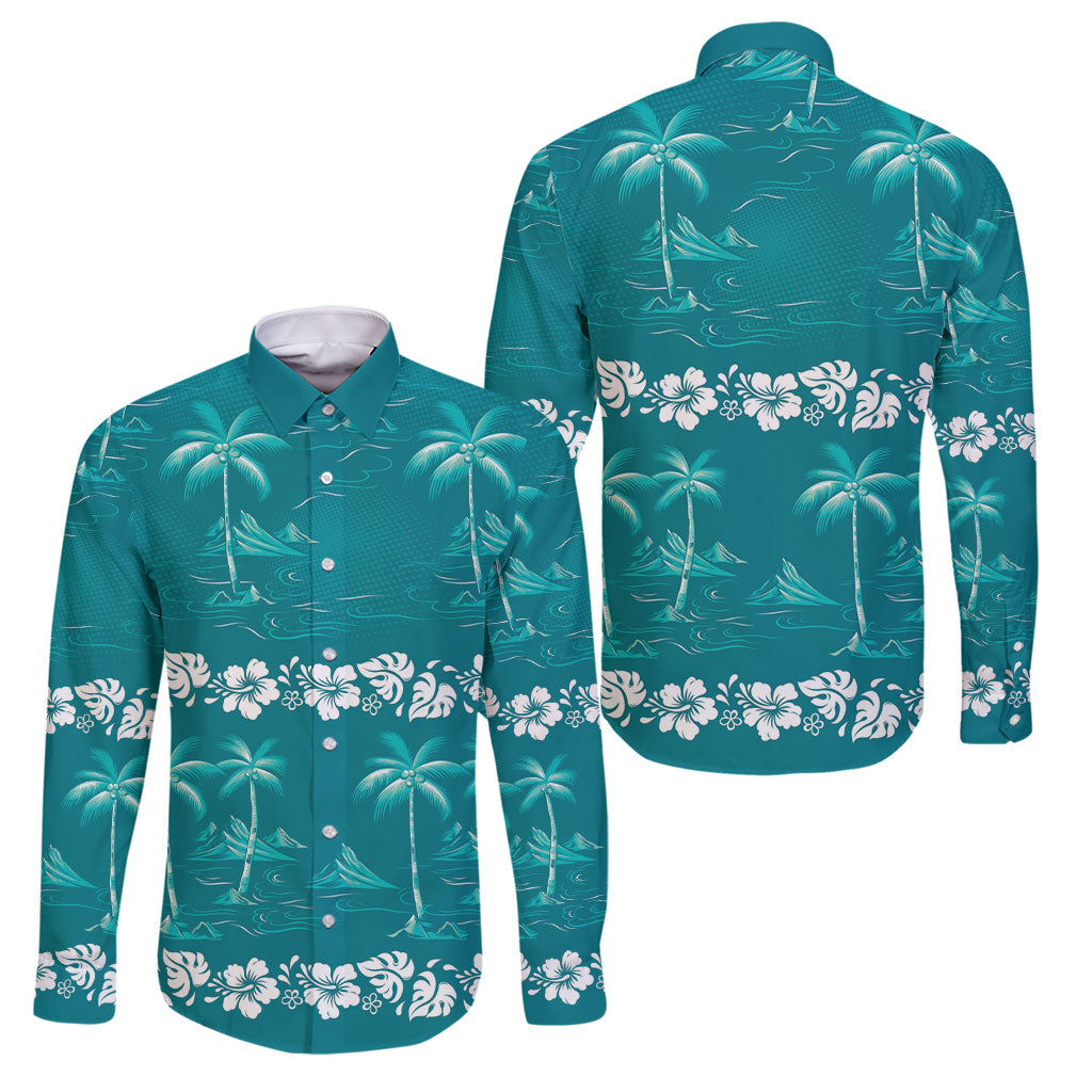 Cyan Hawaii Palm Tree Hibiscus Family Matching Short Sleeve Bodycon Dress and Hawaiian Shirt Fantasy Summer Vibe LT01 Dad's Shirt - Long Sleeve Cyan - Polynesian Pride