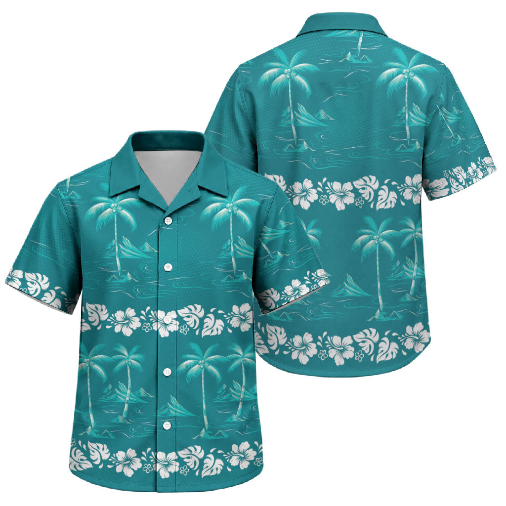 Cyan Hawaii Palm Tree Hibiscus Family Matching Short Sleeve Bodycon Dress and Hawaiian Shirt Fantasy Summer Vibe LT01 Son's Shirt Cyan - Polynesian Pride