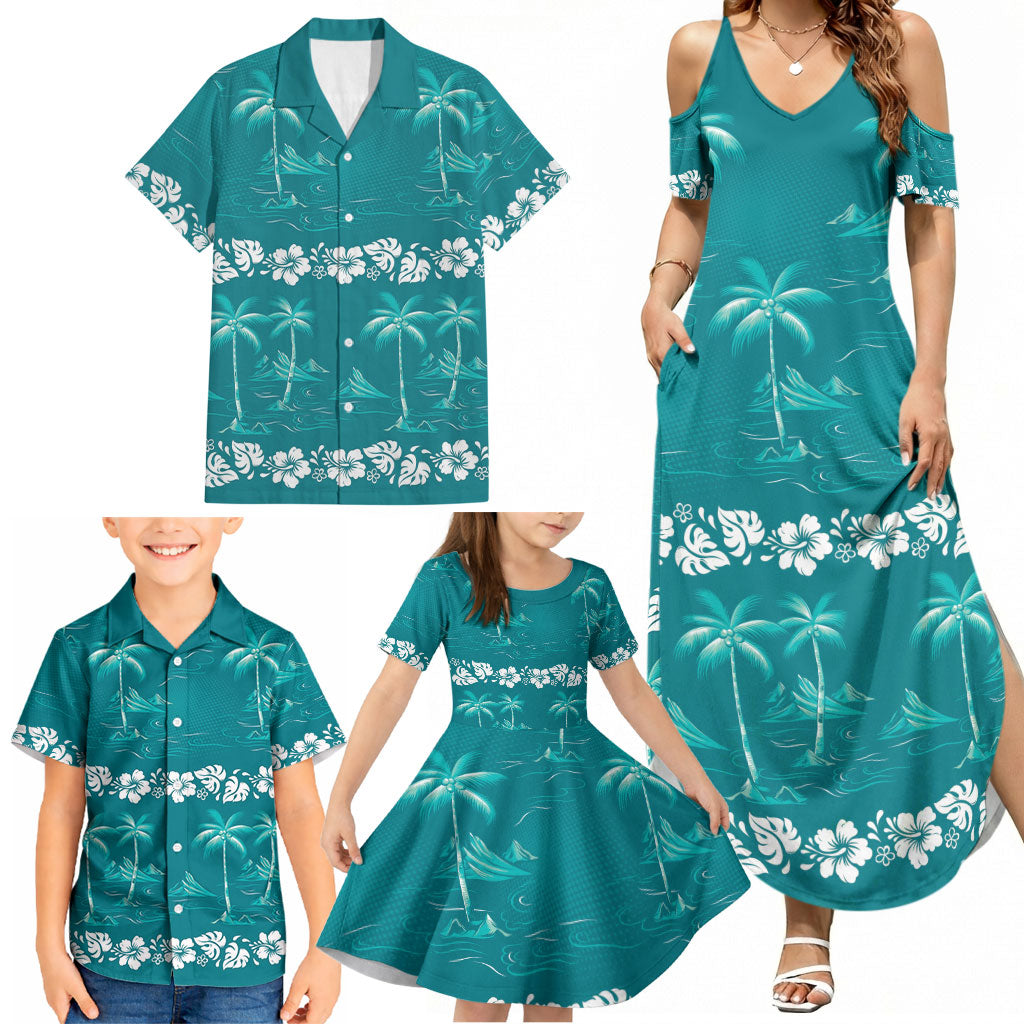 Cyan Hawaii Palm Tree Hibiscus Family Matching Summer Maxi Dress and Hawaiian Shirt Fantasy Summer Vibe LT01 - Polynesian Pride