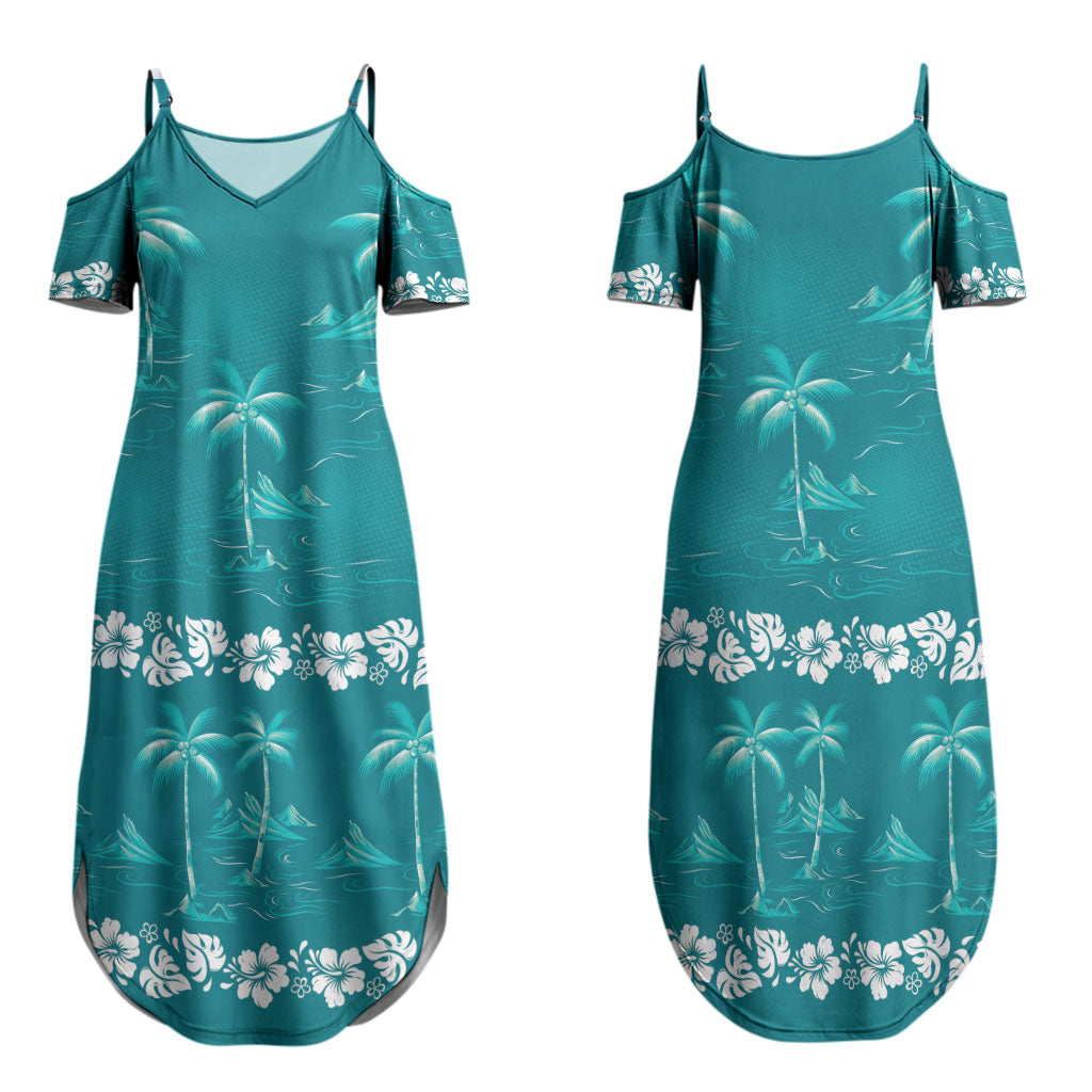 Cyan Hawaii Palm Tree Hibiscus Family Matching Summer Maxi Dress and Hawaiian Shirt Fantasy Summer Vibe LT01 Mom's Dress Cyan - Polynesian Pride