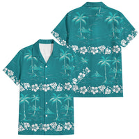 Cyan Hawaii Palm Tree Hibiscus Family Matching Summer Maxi Dress and Hawaiian Shirt Fantasy Summer Vibe LT01 Dad's Shirt - Short Sleeve Cyan - Polynesian Pride