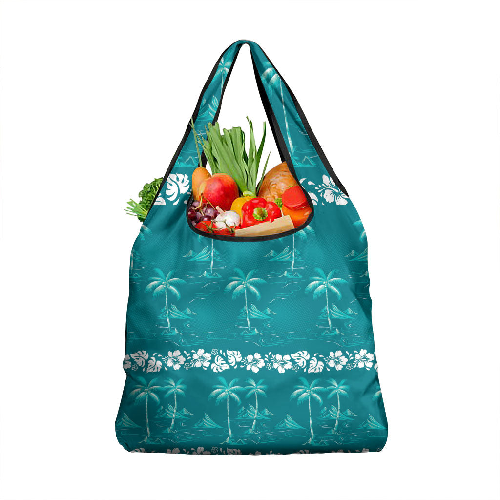Cyan Hawaii Palm Tree Hibiscus Grocery Bag Fantasy Summer Vibe LT01 1-pack One Size Cyan - Polynesian Pride