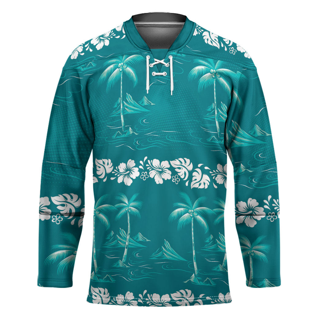 Cyan Hawaii Palm Tree Hibiscus Hockey Jersey Fantasy Summer Vibe