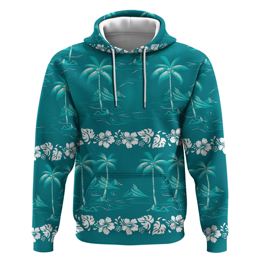 Cyan Hawaii Palm Tree Hibiscus Hoodie Fantasy Summer Vibe LT01 Pullover Hoodie Cyan - Polynesian Pride