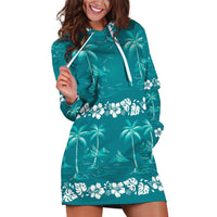 Cyan Hawaii Palm Tree Hibiscus Hoodie Dress Fantasy Summer Vibe