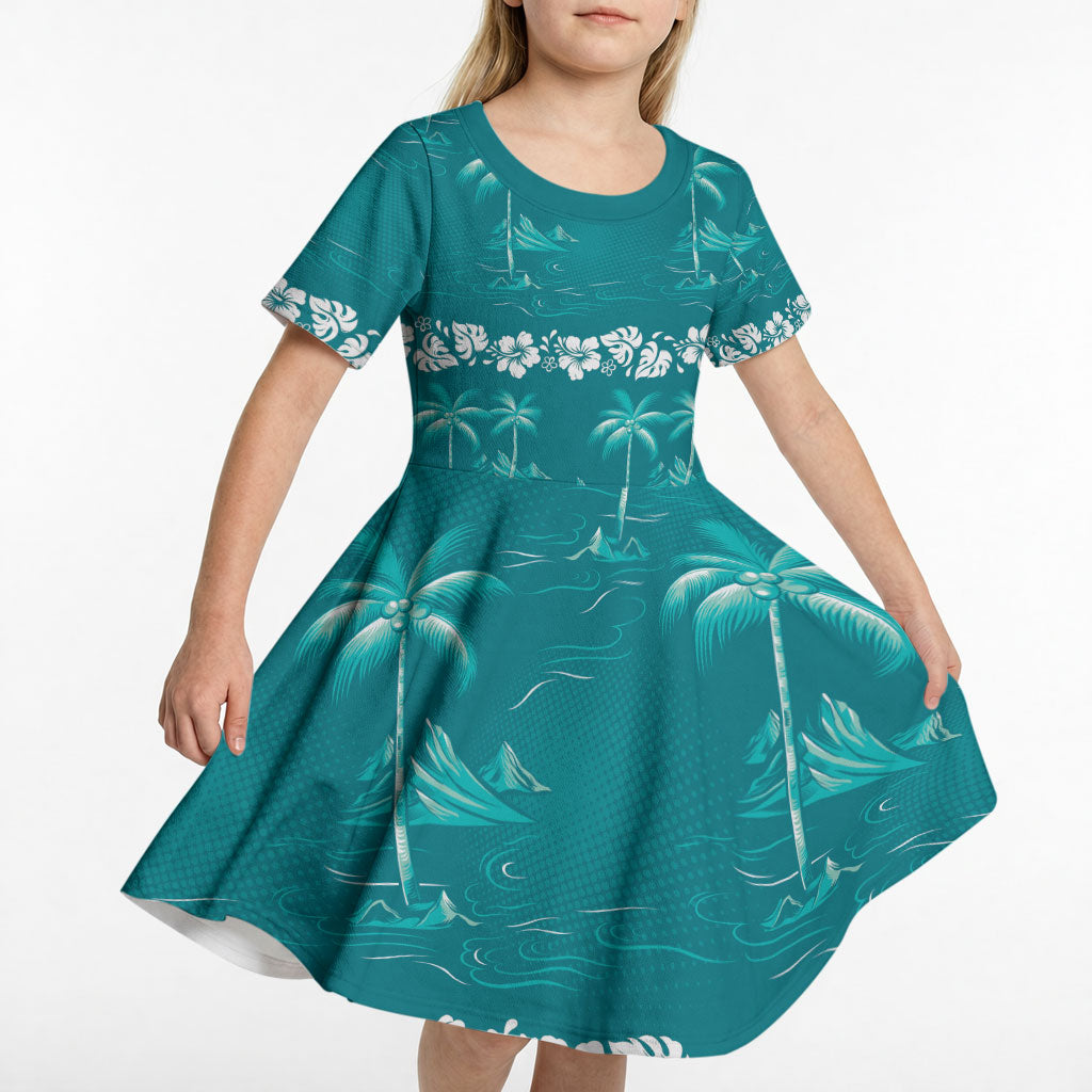 Cyan Hawaii Palm Tree Hibiscus Kid Short Sleeve Dress Fantasy Summer Vibe