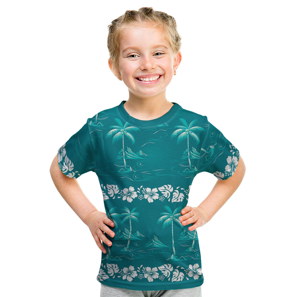 Cyan Hawaii Palm Tree Hibiscus Kid T Shirt Fantasy Summer Vibe