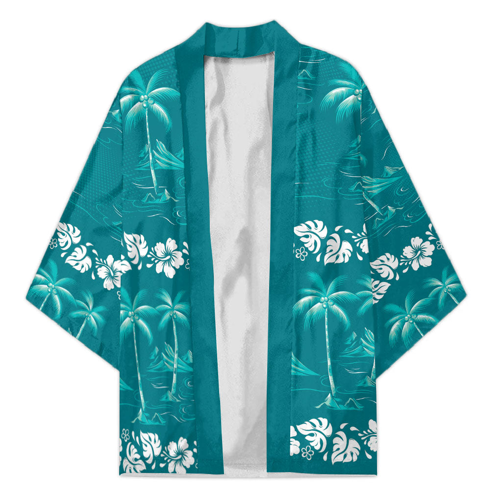 Cyan Hawaii Palm Tree Hibiscus Kimono Fantasy Summer Vibe