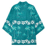 Cyan Hawaii Palm Tree Hibiscus Kimono Fantasy Summer Vibe