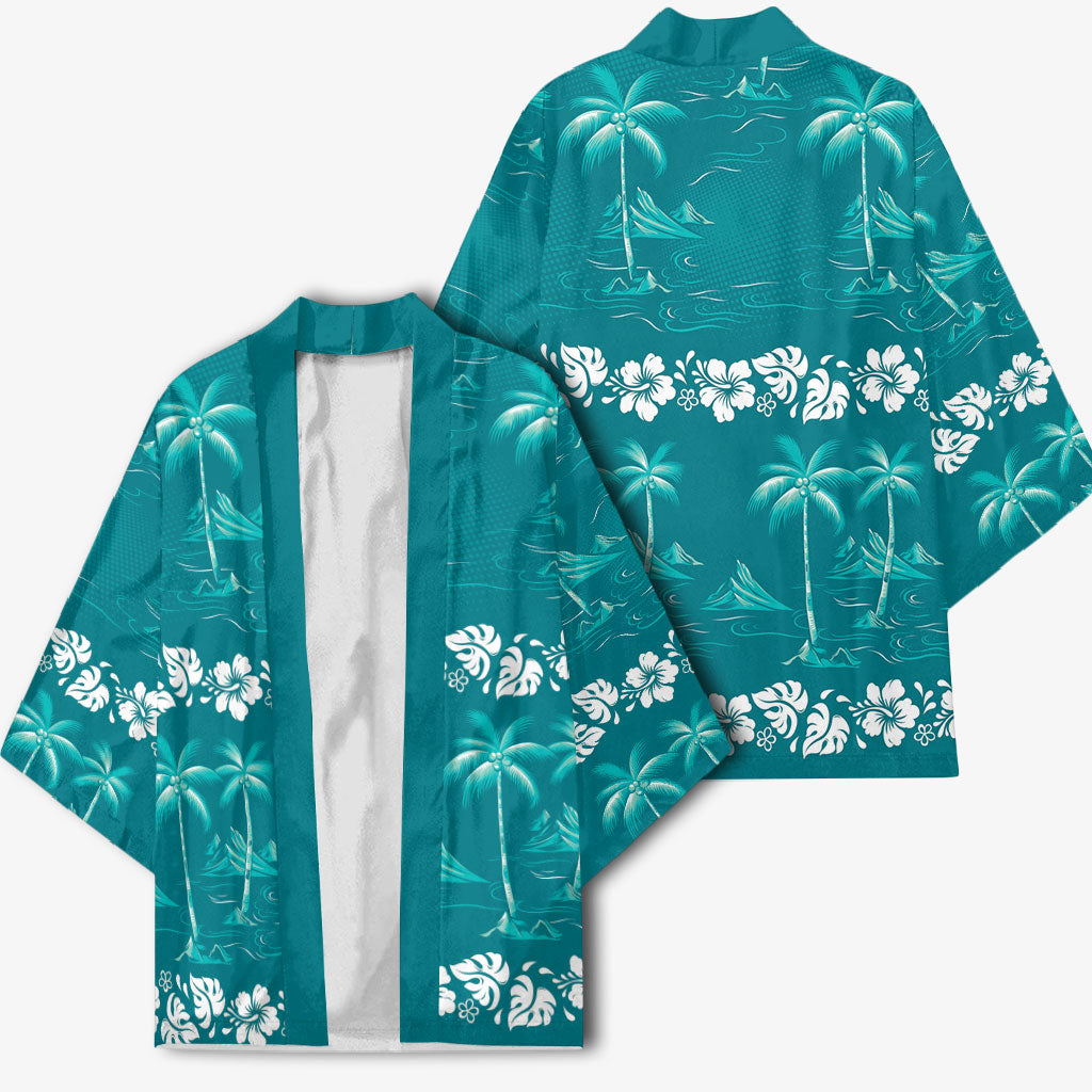 Cyan Hawaii Palm Tree Hibiscus Kimono Fantasy Summer Vibe