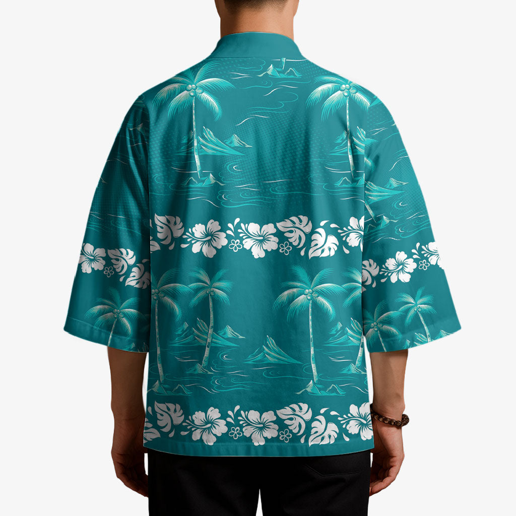 Cyan Hawaii Palm Tree Hibiscus Kimono Fantasy Summer Vibe
