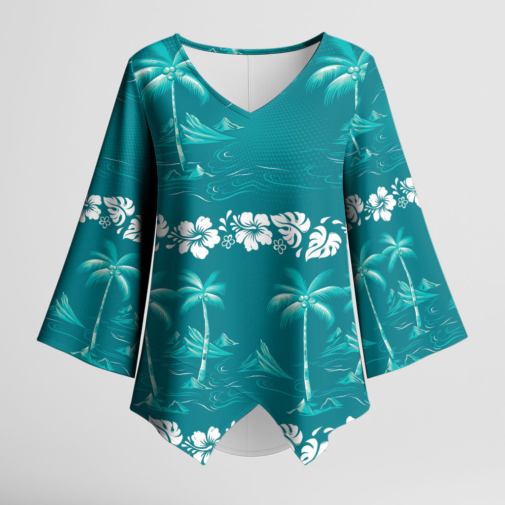 Cyan Hawaii Palm Tree Hibiscus Kimono Sleeve Blouse Fantasy Summer Vibe
