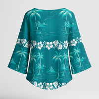 Cyan Hawaii Palm Tree Hibiscus Kimono Sleeve Blouse Fantasy Summer Vibe LT01 - Polynesian Pride