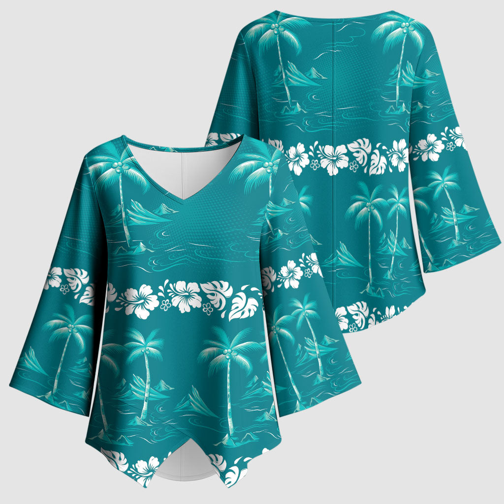 Cyan Hawaii Palm Tree Hibiscus Kimono Sleeve Blouse Fantasy Summer Vibe LT01 - Polynesian Pride