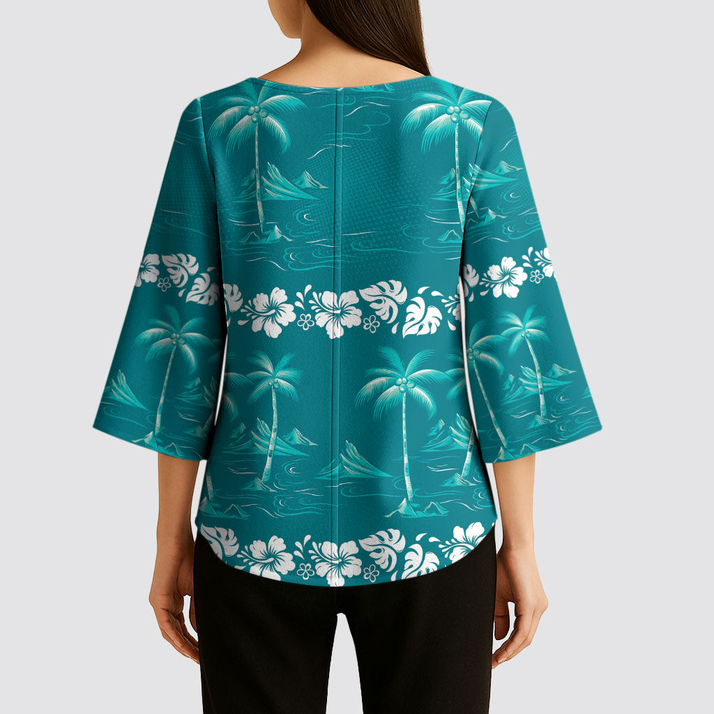 Cyan Hawaii Palm Tree Hibiscus Kimono Sleeve Blouse Fantasy Summer Vibe LT01 - Polynesian Pride