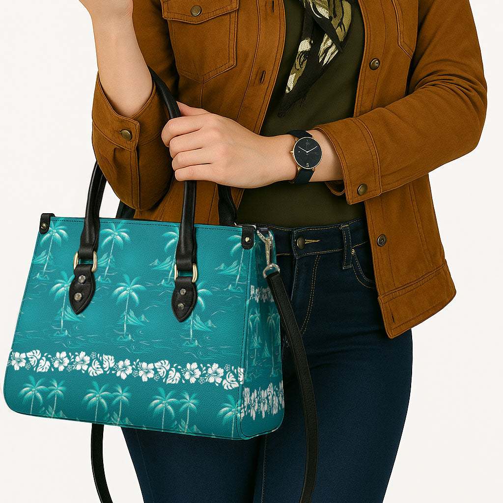 Cyan Hawaii Palm Tree Hibiscus Leather Bag Fantasy Summer Vibe LT01 - Polynesian Pride