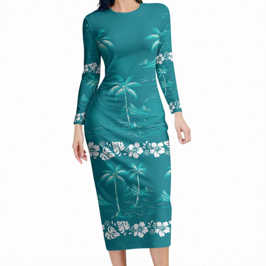 Cyan Hawaii Palm Tree Hibiscus Long Sleeve Bodycon Dress Fantasy Summer Vibe LT01 Long Dress Cyan - Polynesian Pride