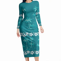 Cyan Hawaii Palm Tree Hibiscus Long Sleeve Bodycon Dress Fantasy Summer Vibe LT01 Long Dress Cyan - Polynesian Pride