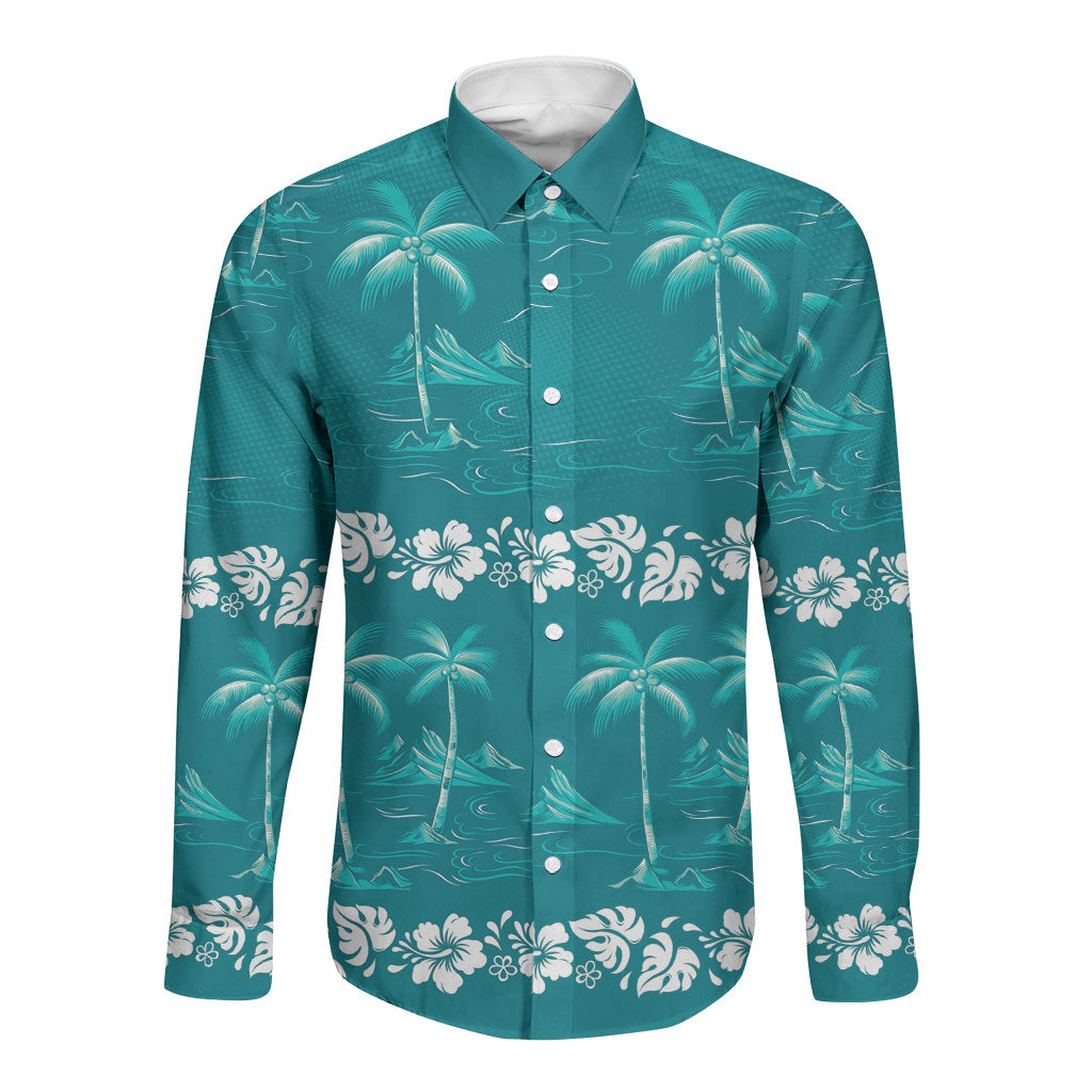 Cyan Hawaii Palm Tree Hibiscus Long Sleeve Button Shirt Fantasy Summer Vibe