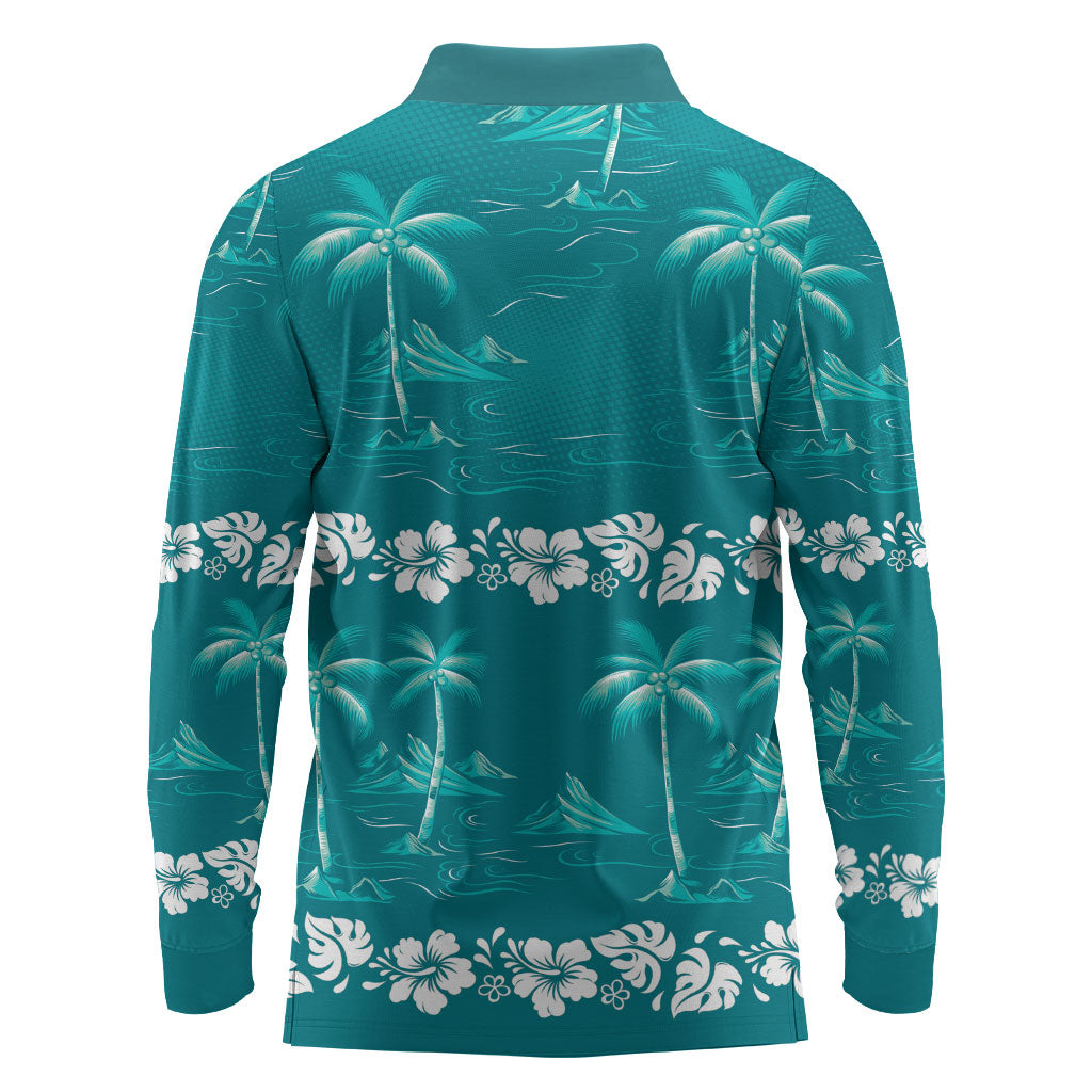 Cyan Hawaii Palm Tree Hibiscus Long Sleeve Polo Shirt Fantasy Summer Vibe LT01 - Polynesian Pride