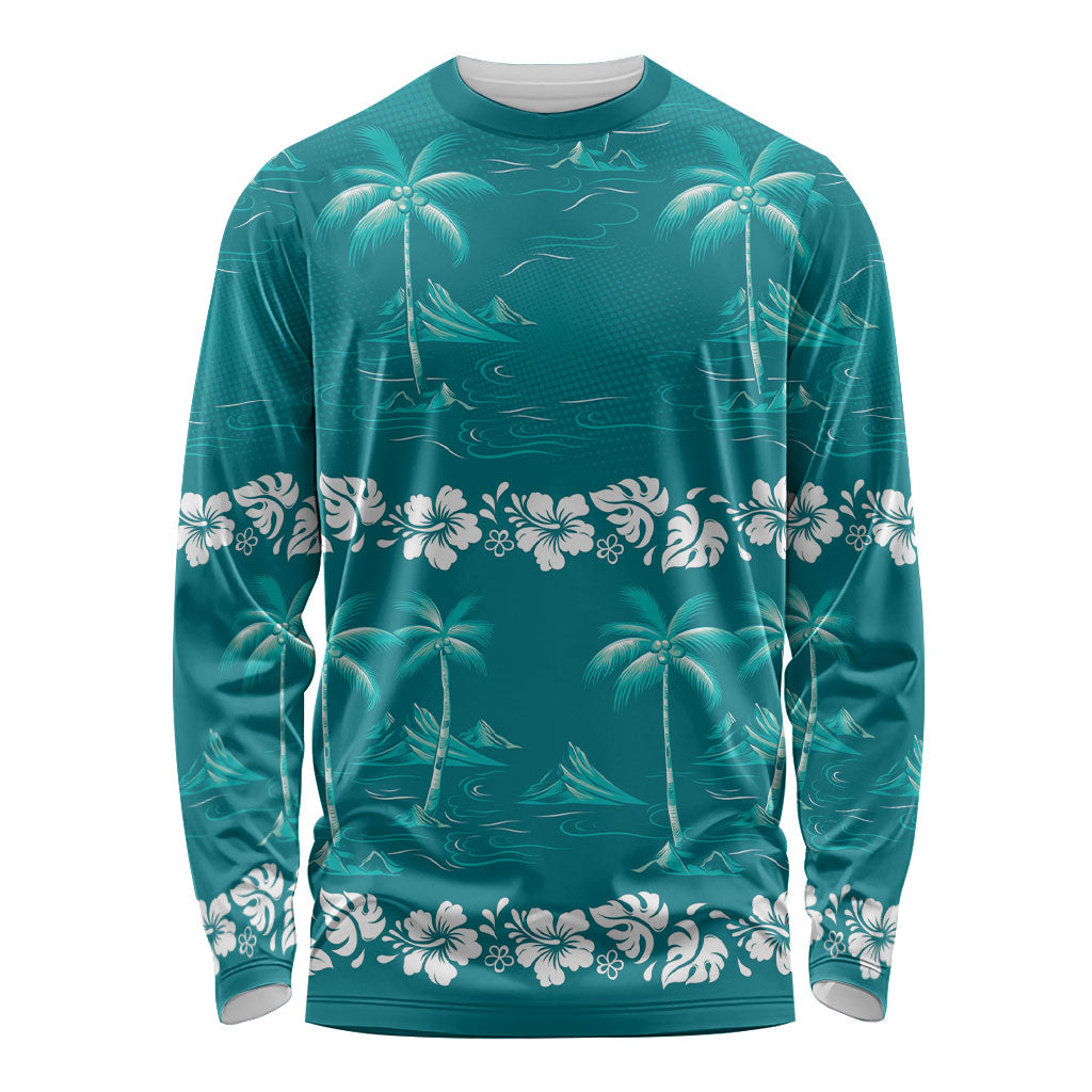 Cyan Hawaii Palm Tree Hibiscus Long Sleeve Shirt Fantasy Summer Vibe LT01 Unisex Cyan - Polynesian Pride