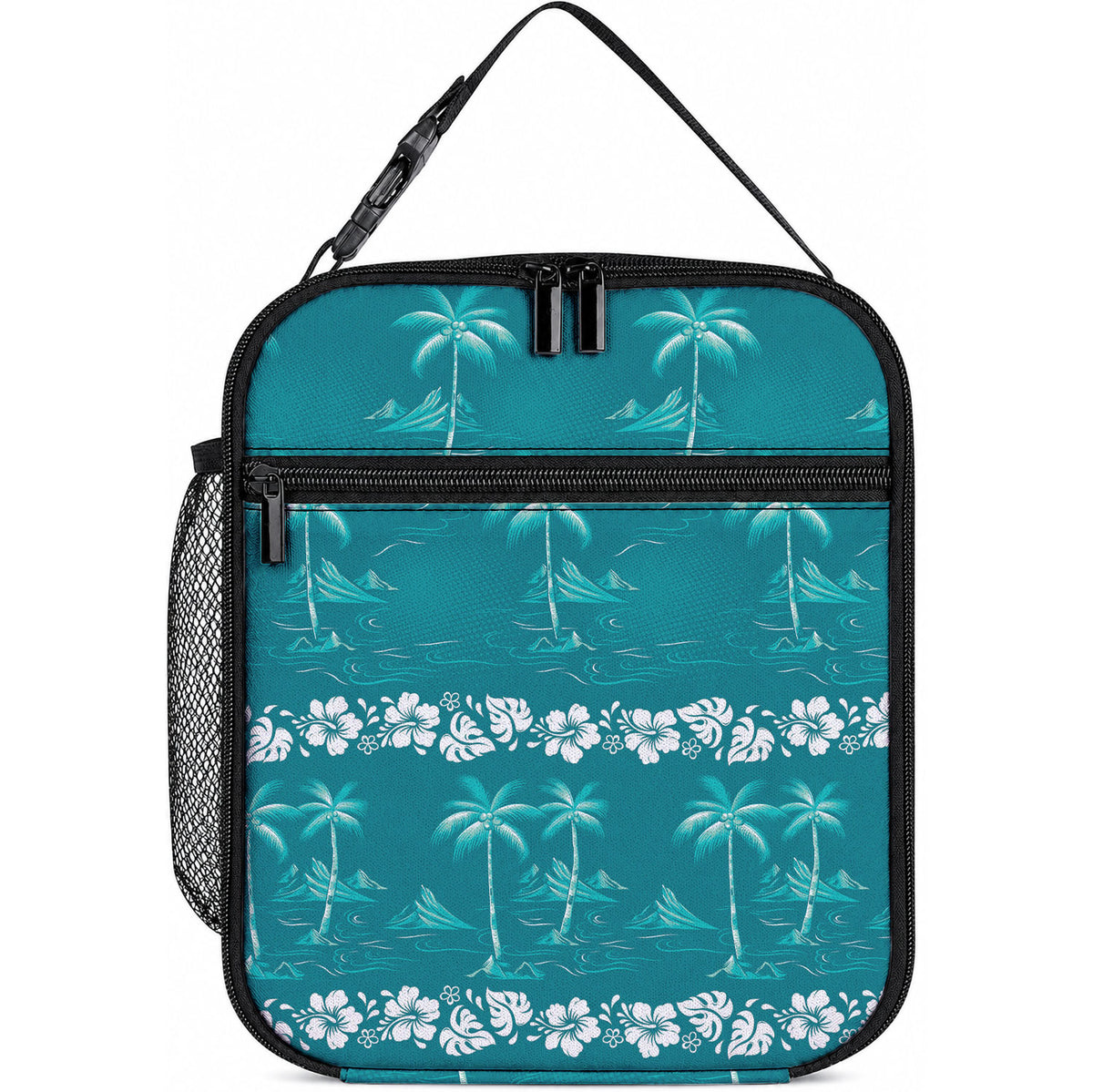 Cyan Hawaii Palm Tree Hibiscus Lunch Bag Fantasy Summer Vibe LT01 10.2 × 8.3 × 4.3 inch Cyan - Polynesian Pride