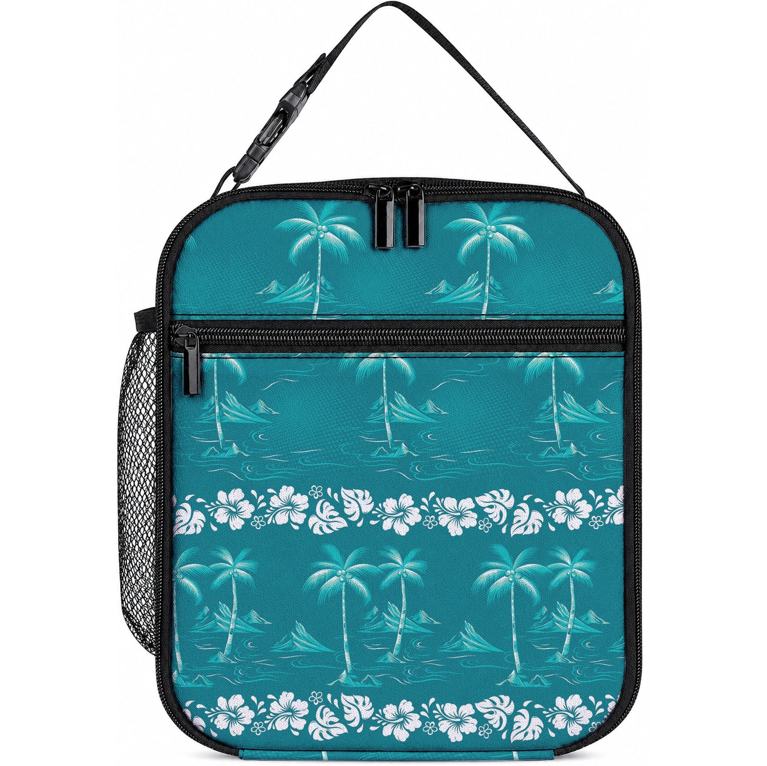Cyan Hawaii Palm Tree Hibiscus Lunch Bag Fantasy Summer Vibe LT01 10.2 × 8.3 × 4.3 inch Cyan - Polynesian Pride