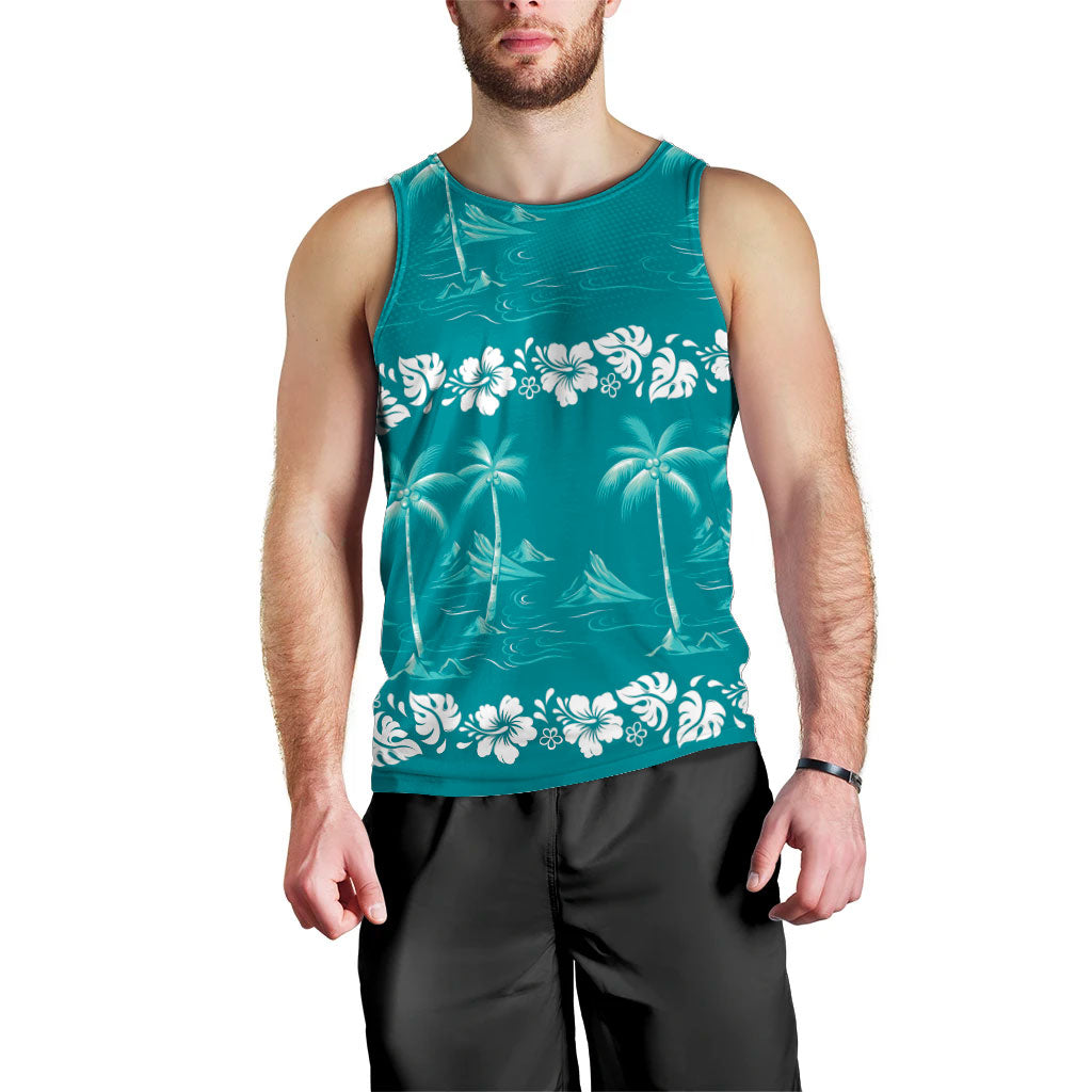 Cyan Hawaii Palm Tree Hibiscus Men Tank Top Fantasy Summer Vibe LT01 - Polynesian Pride