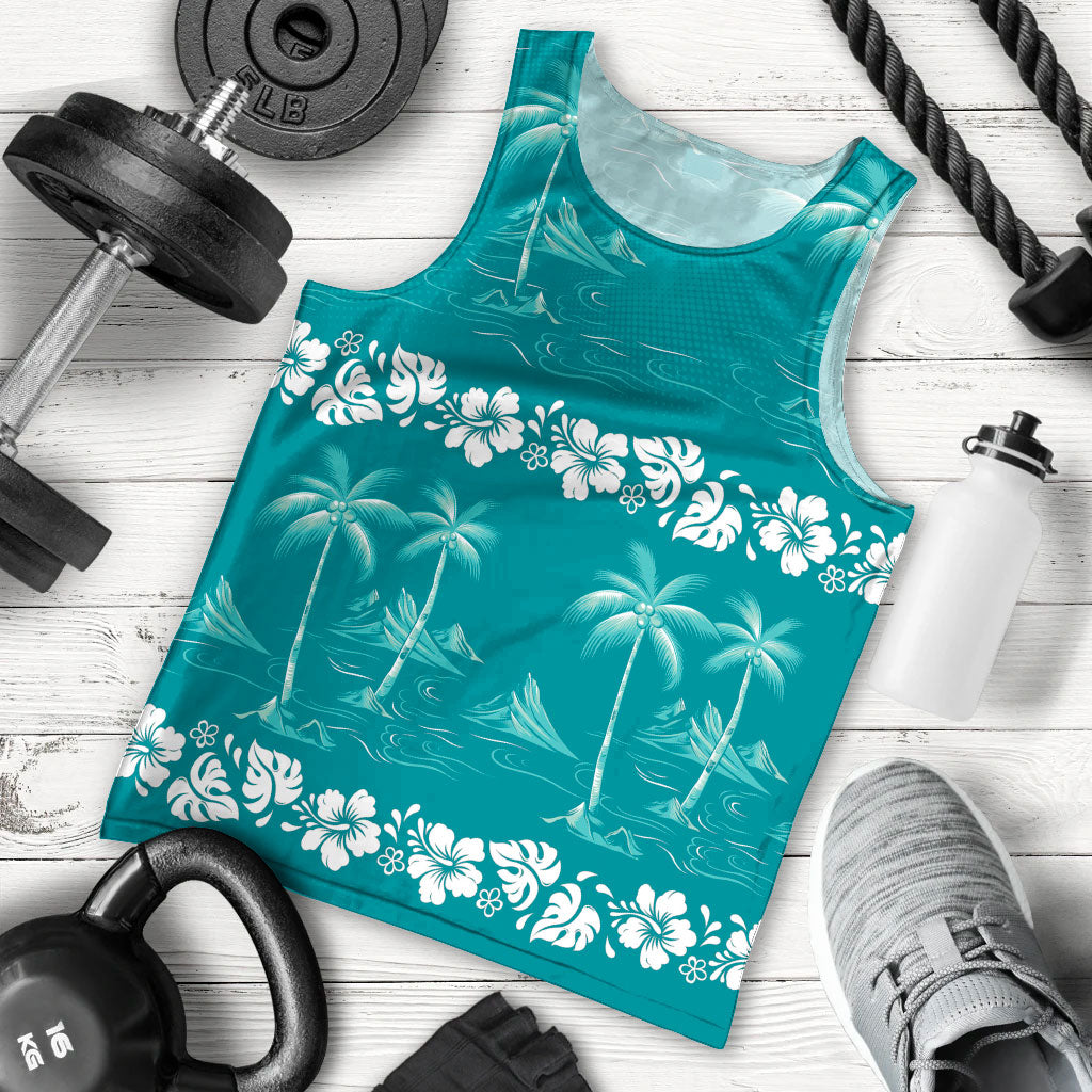 Cyan Hawaii Palm Tree Hibiscus Men Tank Top Fantasy Summer Vibe LT01 - Polynesian Pride
