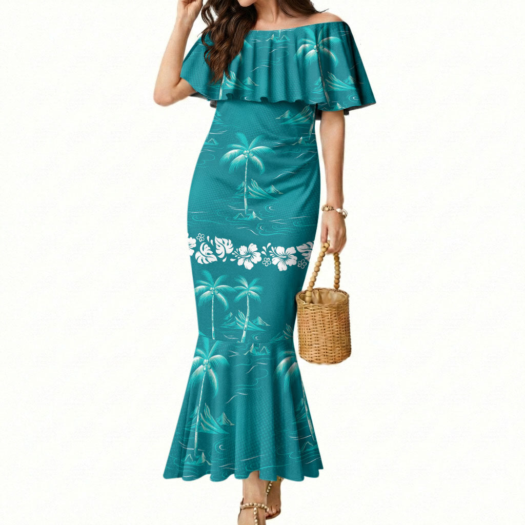 Cyan Hawaii Palm Tree Hibiscus Mermaid Dress Fantasy Summer Vibe