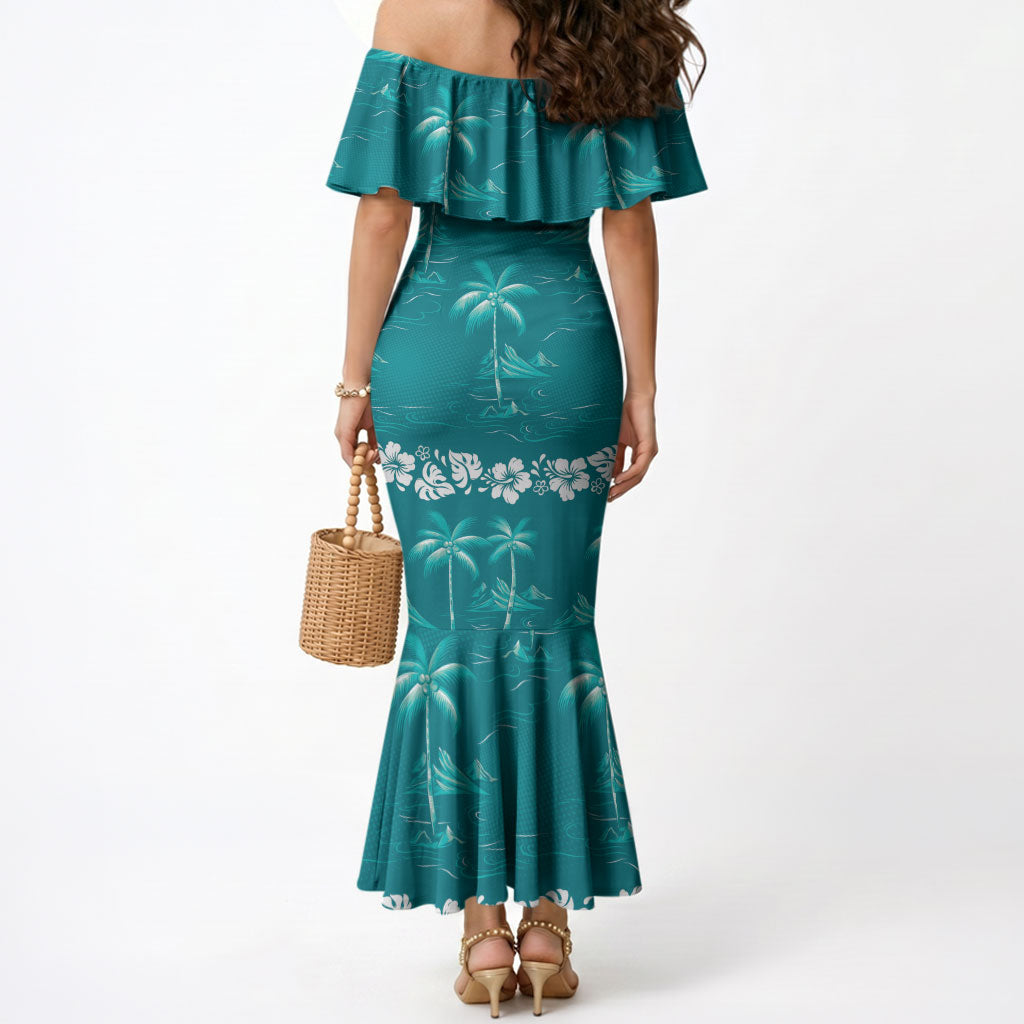 Cyan Hawaii Palm Tree Hibiscus Mermaid Dress Fantasy Summer Vibe