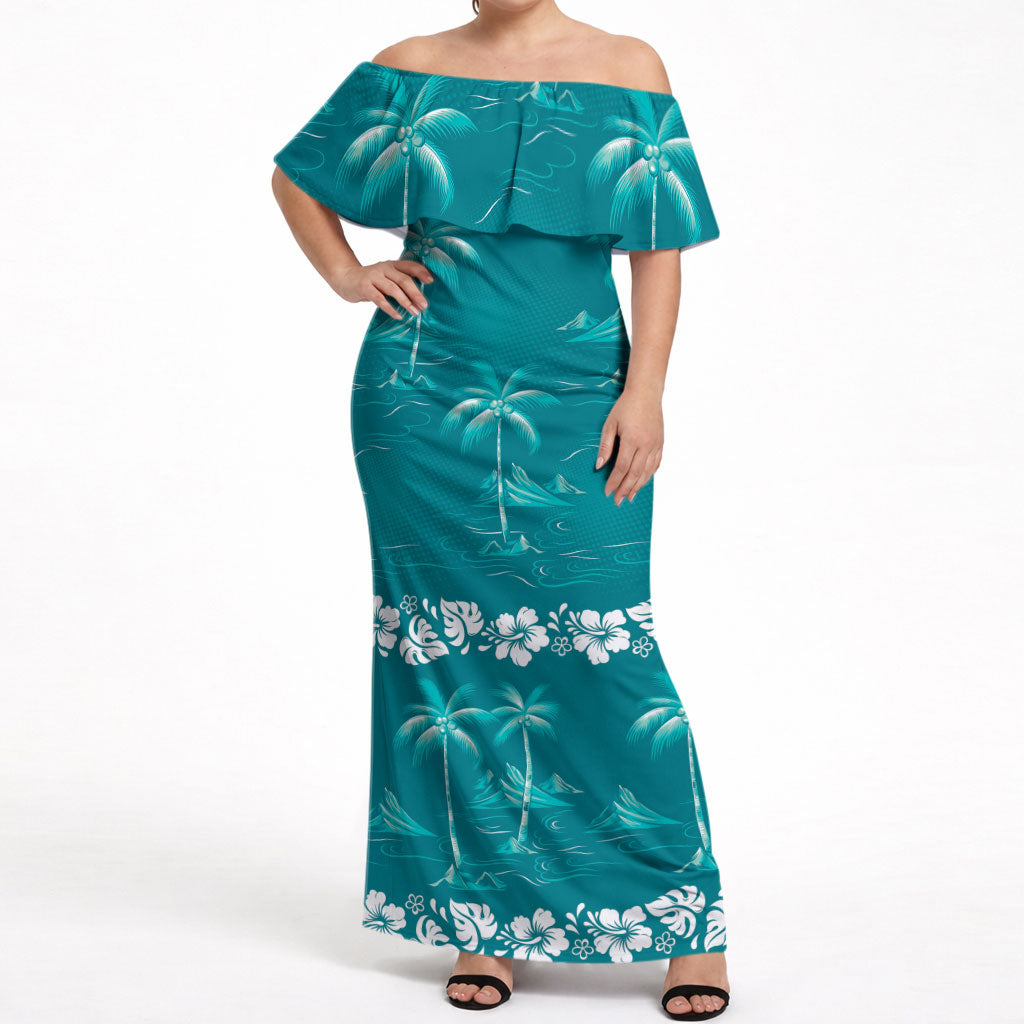 Cyan Hawaii Palm Tree Hibiscus Off Shoulder Maxi Dress Fantasy Summer Vibe