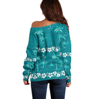 Cyan Hawaii Palm Tree Hibiscus Off Shoulder Sweater Fantasy Summer Vibe LT01 - Polynesian Pride