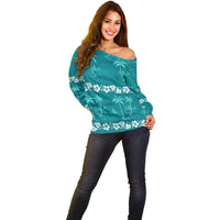 Cyan Hawaii Palm Tree Hibiscus Off Shoulder Sweater Fantasy Summer Vibe LT01 - Polynesian Pride