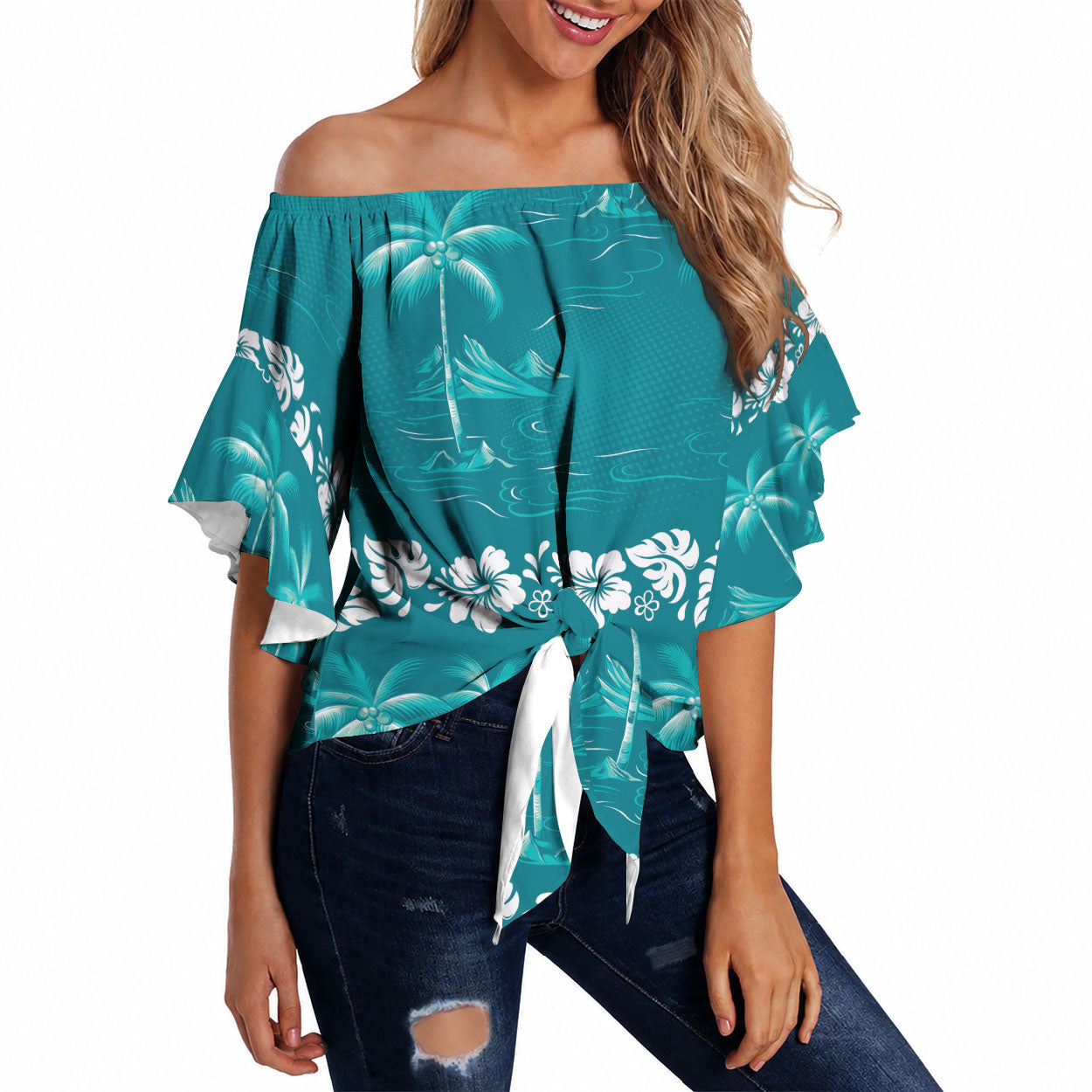 Cyan Hawaii Palm Tree Hibiscus Off Shoulder Wrap Waist Top Fantasy Summer Vibe