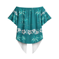 Cyan Hawaii Palm Tree Hibiscus Off Shoulder Wrap Waist Top Fantasy Summer Vibe