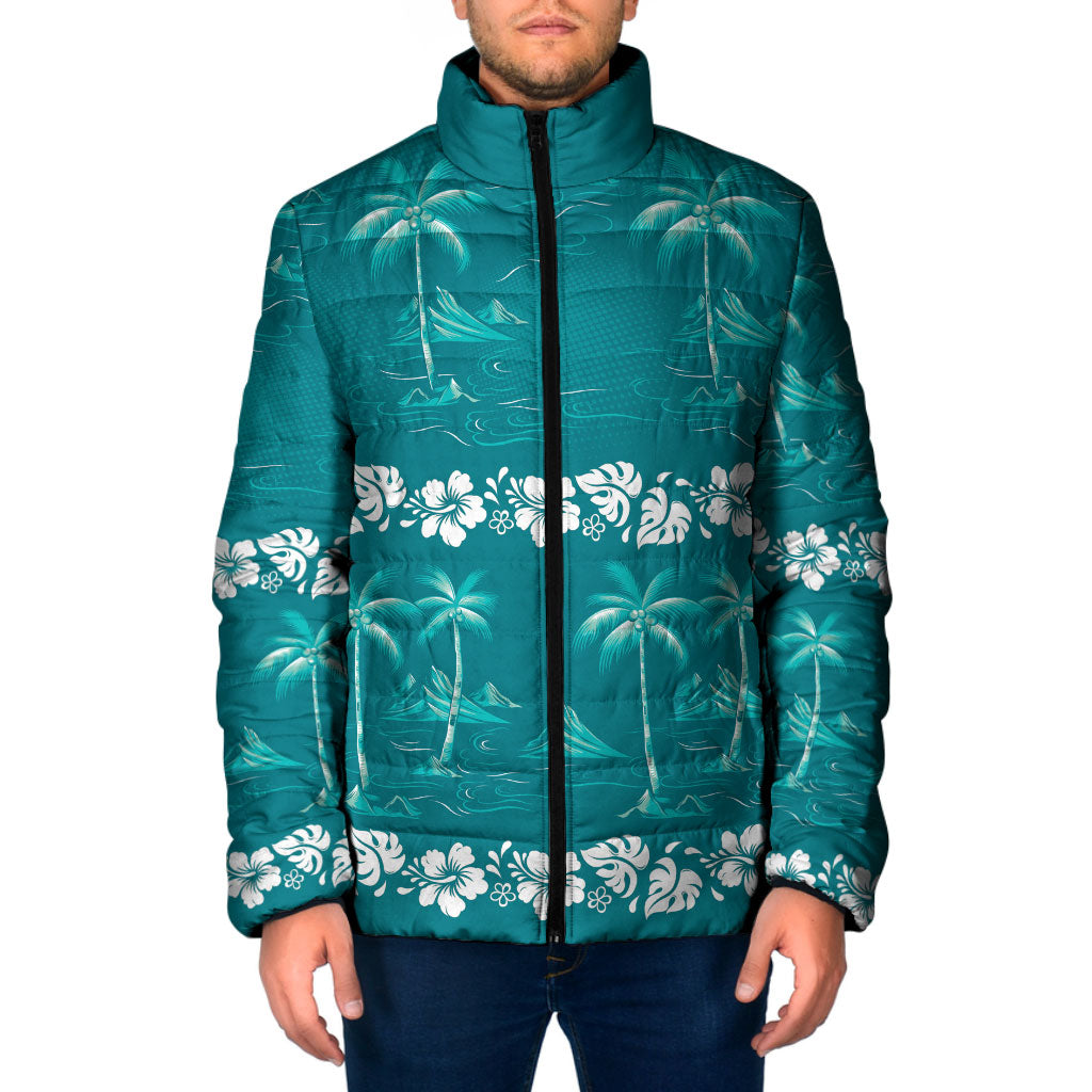 Cyan Hawaii Palm Tree Hibiscus Padded Jacket Fantasy Summer Vibe