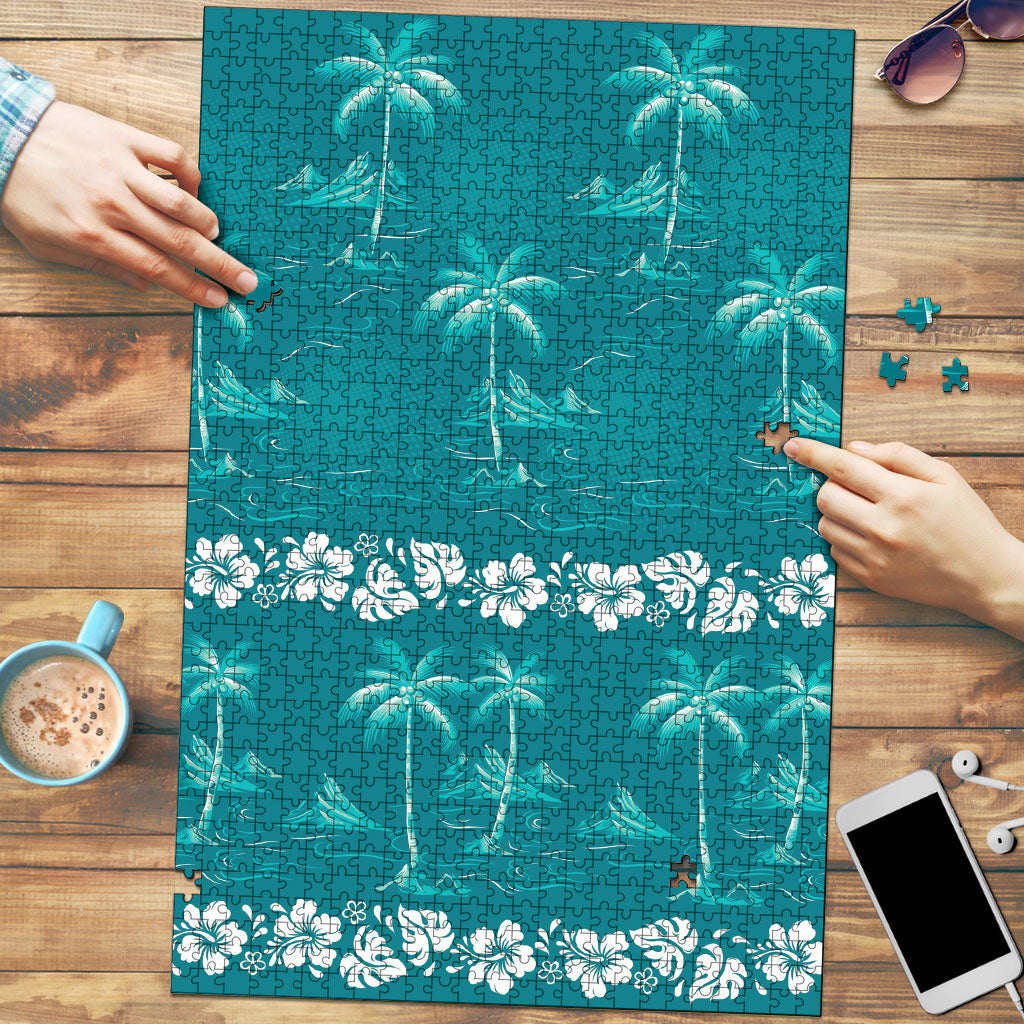 Cyan Hawaii Palm Tree Hibiscus Puzzle Fantasy Summer Vibe